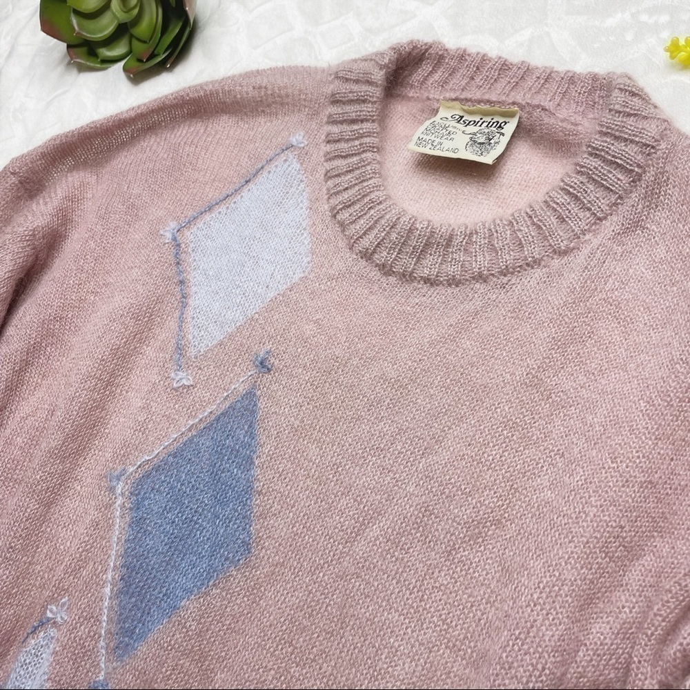 Vintage 80s Aspiring New Zealand Mohair Pullover Argyle Sweater Rapaki Mahana L - Picture 3 of 14